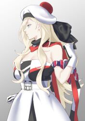 Rule 34 | 1girl, bare shoulders, beret, blonde hair, blue eyes, cowboy shot, dress, gradient background, hair between eyes, hat, highres, kantai collection, long hair, mole, mole under eye, mole under mouth, pom pom (clothes), profile, red scarf, richelieu (kancolle), scarf, shingyou (alexander-13), solo, strapless, strapless dress, two-tone dress, two-tone gloves, white dress, white hat