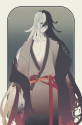 Rule 34 | 1boy, amputee, ashiya douman (fate), asymmetrical clothes, asymmetrical hair, black eyes, black hair, collarbone, curly hair, earrings, expressionless, fate/grand order, fate (series), feet out of frame, hair between eyes, hair intakes, highres, japanese clothes, jewelry, kimono, long hair, looking at viewer, magatama, magatama earrings, male focus, multicolored hair, mushitori (pixiv261122), muted color, no arms, open clothes, open kimono, pale skin, ribbed sleeves, solo, split-color hair, two-tone hair, very long hair, white hair