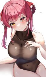 Rule 34 | 1girl, absurdres, black leotard, blush, breasts, collarbone, covered navel, groin, hair ribbon, hand on own chest, heterochromia, highres, hololive, houshou marine, large breasts, leotard, looking at viewer, red eyes, red hair, red ribbon, ribbon, scarf (50464982), simple background, smile, thighs, twintails, virtual youtuber, white background, yellow eyes