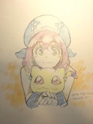 Rule 34 | 1girl, beret, blush, commentary request, creature, dated, digimon, digimon linkz, female focus, gloves, green eyes, hat, holding, kurihara hina, microphone, nyaromon, pink hair, pohto, red eyes, smile, t-okada, traditional media, white gloves