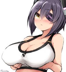 Rule 34 | 10s, 1girl, bikini, blush, breast hold, breasts, don (29219), eyepatch, kantai collection, large breasts, looking at viewer, purple hair, short hair, signature, solo, swimsuit, tenryuu (kancolle), twitter username, upper body, white background, white bikini, yellow eyes