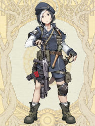 Rule 34 | 1girl, ak-47, ammunition, ammunition pouch, anchor symbol, assault rifle, bayonet, belt, belt pouch, bike shorts, black gloves, black hair, blue hat, boots, brown background, buckle, check weapon, closed mouth, collared jacket, cross-laced footwear, crossed swords, dairoku ryouhei, explosive, fingerless gloves, frown, full body, gloves, green footwear, grenade, grenade cartridge, grenade launcher, grey hat, grey jacket, grey shorts, grid background, gun, gun sling, hand grenade, handgun, hat, hetza (hellshock), holster, holstered, jacket, jolly roger, kalashnikov rifle, knife, lace-up boots, large-caliber cartridge, layered sleeves, long sleeves, looking at viewer, multicolored hair, pistol, pouch, rifle, sheath, sheathed, shirt, short hair, short over long sleeves, short sleeves, shorts, skull and crossbones, snap-fit buckle, socks, solo, standing, stick grenade, stielhandgranate, streaked hair, sword, thigh pouch, underbarrel grenade launcher, weapon, white shirt, white socks