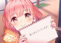 Rule 34 | 1girl, absurdres, blush, closed mouth, commentary, derivative work, english commentary, highres, holding, holding notebook, holding pen, itose yuki, maiini, notebook, orange scarf, pen, pink eyes, pink hair, scarf, screenshot redraw, smile, solo, translation request, yubisaki to renren