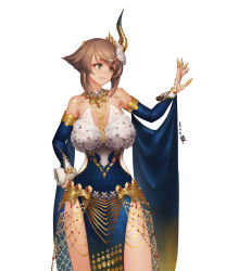 Rule 34 | 1girl, absurdres, alternate costume, bare shoulders, blush, breasts, brown hair, cleavage, cosplay, detached sleeves, dragon girl, dragon horns, dress, flower, hair between eyes, hair ornament, highres, horns, jewelry, kantai collection, kulve taroth, kulve taroth (master rank armor), large breasts, monster hunter, monster hunter: world, monster hunter (series), mutsu (kancolle), open mouth, personification, qingmingtongzi, scales, short hair, simple background, smile, solo, standing, two-tone dress, white flower