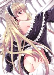 Rule 34 | 1girl, ass, bare shoulders, blonde hair, bottomless, chin strap, from behind, gosick, gothic lolita, green eyes, hairband, kannazuki genshi, lolita fashion, lolita hairband, long hair, looking back, naughty face, no panties, off shoulder, solo, undressing, very long hair, victorica de blois