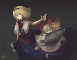 Rule 34 | 1girl, :d, alice margatroid, bad id, bad pixiv id, belt, black theme, blue dress, blue eyes, book, capelet, dark, doll, dress, floating hair, grey theme, grimoire, grimoire of alice, lance, matsura ichirou, multiple girls, necktie, no nose, open mouth, pointing, polearm, shanghai doll, short hair, signature, smile, touhou, weapon