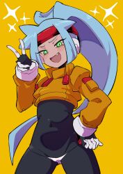 Rule 34 | 1girl, absurdres, ashe (mega man), black bodysuit, blue hair, blush, bodysuit, bodysuit under clothes, buzzlyears, covered navel, cowboy shot, cropped jacket, fang, glowing, glowing eyes, green eyes, hand on own hip, headband, high ponytail, highres, jacket, light blue hair, long hair, mega man (series), mega man zx, mega man zx advent, no pants, open mouth, orange jacket, panties, red headband, smug, solo, sparkle, tongue, underwear, white panties, yellow background