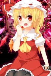 Rule 34 | 1girl, ascot, black pantyhose, blonde hair, embodiment of scarlet devil, fang, female focus, flandre scarlet, food, fruit, hand to own mouth, hat, heart, heart-shaped pupils, highres, holding, holding food, holding fruit, open mouth, pantyhose, red eyes, seiza, short hair, side ponytail, sitting, skirt, skirt set, solo, strawberry, symbol-shaped pupils, touhou, wings, yuria (kittyluv)