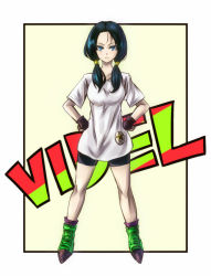 Rule 34 | 1girl, bike shorts, black hair, blue eyes, boots, character name, dragon ball, dragonball z, fingerless gloves, frown, full body, gloves, green footwear, hair tubes, hands on own hips, inaba-no-kuni-tottori, serious, shirt, solo, star (symbol), t-shirt, twintails, videl