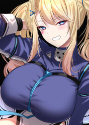 Rule 34 | 1girl, akeyama kitsune, azur lane, black background, blonde hair, blue eyes, blush, breasts, commentary request, facial mark, grin, guam (azur lane), heart, heart facial mark, heart sticker, large breasts, long hair, looking at viewer, simple background, smile, solo, star-shaped pupils, star (symbol), symbol-shaped pupils, twintails, very long hair