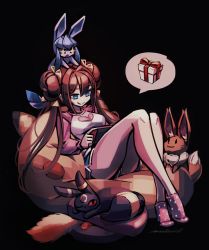 Rule 34 | + +, 1girl, artist name, bare legs, bean bag chair, black background, blue eyes, blue shorts, bow, box, breasts, bright pupils, brown hair, closed mouth, commentary, creatures (company), crossed ankles, double bun, eevee, eyebrows hidden by hair, game freak, gen 1 pokemon, gen 2 pokemon, gen 4 pokemon, gift, gift box, glaceon, hair between eyes, hair bow, hair bun, hair intakes, hair ribbon, handheld game console, heart, holding, knees up, long hair, long sleeves, looking at screen, makaroll, medium breasts, nintendo, on head, pikachu, pink legwear, pink sleeves, pokemon, pokemon (creature), pokemon bw2, pokemon on head, polka dot, polka dot legwear, print shirt, raglan sleeves, reclining, ribbon, rosa (pokemon), shirt, short shorts, short socks, shorts, sidelocks, simple background, smile, socks, speech bubble, spoken object, thighs, tiptoes, tongue, tongue out, twintails, umbreon, very long hair, white pupils, white shirt, yellow bow, yellow ribbon