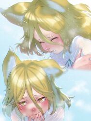 Rule 34 | 1girl, animal ear fluff, animal ears, blonde hair, closed eyes, cold, fox ears, fox girl, green ribbon, hair between eyes, hand on own arm, hand on own face, highres, inset, kudamaki tsukasa, looking to the side, mandarin collar, portrait, ribbon, romper, runny nose, short hair, sneezing, snot, solo, soon (c-u-soon), touhou, unconnected marketeers, water drop, wet, wet clothes, wet hair, white romper, yellow eyes