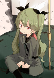 Rule 34 | 1girl, :t, anchovy (girls und panzer), anzio military uniform, barashiya, belt, black belt, black footwear, black necktie, black ribbon, black shirt, blouse, boots, closed mouth, commentary, dress shirt, drill hair, flag, frown, girls und panzer, green hair, grey jacket, grey pants, hair ribbon, highres, indian style, jacket, knee boots, long hair, long sleeves, looking to the side, military, military uniform, military vehicle, motor vehicle, necktie, on vehicle, pants, pants tucked in, red eyes, ribbon, sam browne belt, shirt, sitting, solo, tank, tearing up, tears, twin drills, twintails, uniform, v arms, white flag, wing collar