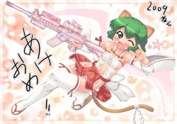 Rule 34 | 1girl, \m/, adapted uniform, akeome, animal ears, armpits, assault rifle, bare shoulders, blush, bow, breasts, cat ears, cat tail, detached sleeves, fang, flat chest, green eyes, green hair, gun, happy new year, hase yu, japanese clothes, m4 carbine, matching hair/eyes, midriff, miko, navel, new year, nontraditional miko, nyano, one eye closed, original, rifle, sandals, short hair, sideboob, smile, solo, star (symbol), tail, thighhighs, trigger discipline, weapon, wings, wink, zettai ryouiki