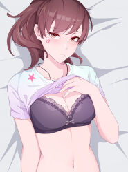Rule 34 | 1girl, bra, breasts, brown eyes, brown hair, call of duty, call of duty: mobile, cleavage, closed mouth, clothes lift, collarbone, commentary, english commentary, facial mark, heart, heart facial mark, highres, lace, lace-trimmed bra, lace trim, lifted by self, light blush, light frown, light purple ribbon, looking away, lying, medium breasts, medium hair, mizushima naomi, narchiart, navel, on back, ponytail, purple bra, purple ribbon, ribbon, shirt, short sleeves, solo, star (symbol), t-shirt, tsurime, underwear, upper body, white shirt