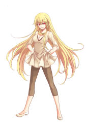 Rule 34 | 1girl, adapted costume, blonde hair, breasts, capri pants, cleavage, dress, fate/zero, fate (series), flats, genderswap, genderswap (mtf), gilgamesh-ko, gilgamesh (fate), hands on own hips, jewelry, leggings, long hair, medium breasts, necklace, no nose, no socks, official alternate costume, pants, pants under dress, pants under skirt, petitlui, red eyes, skirt, skirt hold, smile, solo, v-neck