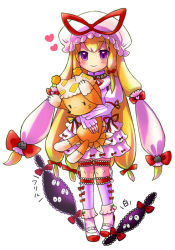 Rule 34 | 1girl, aged down, alternate costume, animal hat, bad id, bad pixiv id, blonde hair, character doll, chen, child, doll, female focus, frills, gap (touhou), hair ribbon, hat, heart, juliet sleeves, long hair, long sleeves, merue, mob cap, puffy sleeves, purple eyes, ribbon, short hair, solo, stuffed animal, stuffed toy, touhou, yakumo ran, yakumo yukari, yakumo yukari (young)