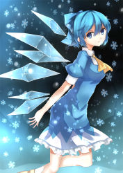 Rule 34 | 1girl, absurdres, ascot, blue eyes, blue hair, bow, breasts, cirno, dress, expressionless, gosledging, gradient background, hair bow, highres, ice, ice wings, leg up, looking at viewer, matching hair/eyes, short hair, short sleeves, snowflakes, solo, touhou, wings
