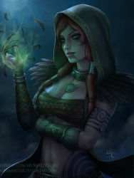 Rule 34 | 1girl, alternate costume, bandeau, breasts, claw (weapon), cleavage, collar, facepaint, feathers, green eyes, hair tubes, highres, hood, jewelry, lips, long hair, looking at viewer, necklace, night, parted lips, realistic, red hair, sciamano240, smite, solo, stomach, tattoo, the morrigan, the morrigan (smite), upper body, watermark, weapon, web address