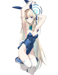 Rule 34 | 1girl, absurdres, animal ears, aqua bow, aqua bowtie, armpits, arms up, blonde hair, blue archive, blue eyes, blue leotard, bow, bowtie, breasts, commentary, detached collar, detached sleeves, fake animal ears, fake tail, halo, headset, highres, leotard, long hair, looking at viewer, mark jin, medium breasts, official alternate costume, playboy bunny, rabbit ears, rabbit tail, simple background, sitting, solo, tail, thighhighs, toki (blue archive), toki (bunny) (blue archive), white background, white thighhighs