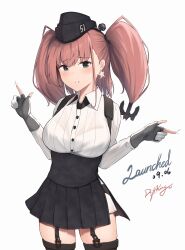 Rule 34 | 1girl, absurdres, artist name, atlanta (kancolle), black hat, black skirt, blush, brown hair, buttons, collared shirt, cowboy shot, dated, driftkingtw, earrings, garrison cap, gloves, grey eyes, hat, high-waist skirt, highres, jewelry, kantai collection, long hair, long sleeves, open mouth, partially fingerless gloves, pleated skirt, shirt, signature, skirt, solo, star (symbol), star earrings, suspender skirt, suspenders, two side up, white shirt