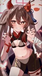 Rule 34 | 1girl, absurdres, boo tao (genshin impact), breasts, brown hair, brown shorts, flower-shaped pupils, genshin impact, highres, hu tao (genshin impact), long hair, looking at viewer, nanahoshi (n bl08), red eyes, shorts, small breasts, smile, solo, symbol-shaped pupils, twintails
