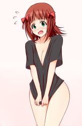Rule 34 | 1girl, amami haruka, bad id, bad pixiv id, black shirt, blush, bottomless, bow, breasts, brown hair, cleavage, cowboy shot, embarrassed, eyebrows, flying sweatdrops, green eyes, hair bow, idolmaster, idolmaster (classic), kiu (dear deer), looking at viewer, medium breasts, naked shirt, open mouth, pink background, red bow, shirt, shirt tug, short hair, short sleeves, simple background, solo, thighs, v arms