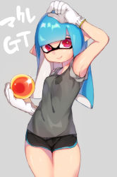 Rule 34 | 1girl, alternate costume, arm up, armpits, black shorts, blue hair, breasts, closed mouth, cowboy shot, danimaru, dolphin shorts, glint, gloves, golden egg, grey background, highres, holding, inkling, inkling girl, inkling player character, long hair, looking at viewer, micro shorts, nintendo, pink eyes, pointy ears, salmon run (splatoon), shiny skin, shorts, simple background, sleeveless, small breasts, smile, solo, splatoon (series), splatoon 2, standing, straight hair, sweat, tank top, tentacles, thighs, very long hair, white gloves