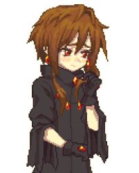 Rule 34 | :/, alpha transparency, black gloves, blush stickers, brown hair, character request, earrings, gloves, hair between eyes, holding, holding hair, hololive, jewelry, original, pixel art, red eyes, robe, short hair with long locks, solo, tengu nouzu, transparent background, upper body