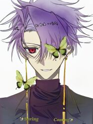 Rule 34 | 1boy, black jacket, black sweater, bohe daiyou wei tian, chinese commentary, commentary request, earrings, english text, hair over one eye, highres, jacket, jewelry, looking at viewer, male focus, open clothes, open jacket, portrait, purple hair, red eyes, saibou shinkyoku, short hair, simple background, smile, solo, sweater, theodore riddle, turtleneck, turtleneck sweater, white background