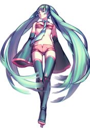 Rule 34 | 1girl, absurdres, boots, gluteal fold, green eyes, green hair, hatsune miku, highres, long hair, matching hair/eyes, navel, necktie, quuni, simple background, sleeves past wrists, solo, thigh boots, thigh gap, thighhighs, thighs, twintails, very long hair, vocaloid, white background
