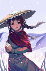 Rule 34 | 1girl, :d, absurdres, ajirogasa, black hair, braid, brown hat, capelet, commentary request, cowboy shot, dress, furahata gen, grey dress, hat, highres, long hair, long sleeves, looking at viewer, low twintails, open mouth, outdoors, own hands together, palms together, red capelet, red eyes, smile, snowing, solo, standing, touhou, twin braids, twintails, yatadera narumi