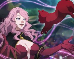 Rule 34 | 1girl, black capelet, black clover, black clover m: rise of the wizard king, breasts, capelet, cat, cleavage, corset, elbow gloves, gloves, highres, large breasts, long hair, looking at another, official alternate costume, official art, open mouth, pink hair, purple eyes, red cat, red corset, red gloves, teeth, upper body, upper teeth only, vanessa enoteca