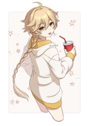 Rule 34 | 1boy, aether (genshin impact), ar (rikuesuto), blonde hair, braid, cup, disposable cup, drinking straw, earrings, genshin impact, hair between eyes, hair ornament, holding, holding cup, hood, hoodie, jewelry, long hair, long sleeves, male focus, solo, star (symbol), tongue, tongue out, white hoodie, yellow eyes