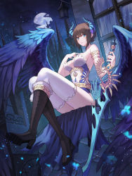Rule 34 | 1girl, absurdres, angel wings, blue eyes, boots, breasts, brown hair, cleavage, closed mouth, from below, full body, highres, kimsw0522, knee boots, large breasts, lips, looking at viewer, looking down, night, night sky, original, outdoors, short hair, sidelocks, sitting, sky, solo, thighhighs, thighs, white thighhighs, window, wings