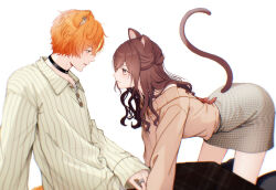 Rule 34 | 1boy, 1girl, all fours, animal ears, black choker, black ribbon, blonde hair, blush, brother and sister, brown eyes, brown hair, brown shirt, cat ears, cat girl, cat tail, choker, collarbone, collared shirt, commentary, dog ears, grey skirt, highres, jewelry, kemonomimi mode, long hair, looking at another, multicolored hair, neck ribbon, off-shoulder shirt, off shoulder, orange hair, parted lips, project sekai, ribbon, ring, rise as one! (project sekai), shinonome akito, shinonome ena, shirt, short hair, siblings, simple background, skirt, smile, streaked hair, symbol-only commentary, tail, white background, yamaki kai