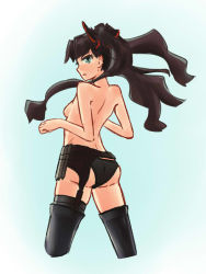 Rule 34 | 10s, 1girl, artist request, ass, black hair, black panties, black thighhighs, breasts, cowboy shot, cropped legs, drawfag, fate/extra, fate/stay night, fate (series), hair ribbon, high boots, long hair, looking at viewer, looking back, panties, ribbon, sideboob, small breasts, solo, standing, thighhighs, tohsaka rin, topless, underwear, white background