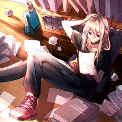 Rule 34 | 1girl, black pants, black shirt, book, bookshelf, closed mouth, commentary, crumpled paper, electric guitar, girls band cry, grey eyes, guitar, hand on own head, hashtag-only commentary, hibioes, highres, holding, holding paper, instrument, kawaragi momoka, light brown hair, long hair, multicolored hair, pants, paper, red footwear, roots (hair), shirt, short sleeves, solo