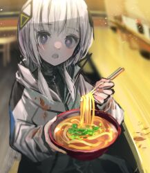 Rule 34 | 1girl, black dress, blue eyes, blurry, blurry background, blush, bowl, cevio, chopsticks, commentary request, counter, cowboy shot, curry udon, diamond hair ornament, dress, food on clothes, grey pupils, high collar, highres, holding, holding bowl, holding chopsticks, hood, hood down, hooded jacket, incoming food, jacket, kafu (cevio), kamitsubaki studio, long sleeves, looking at viewer, low twintails, messy, multicolored eyes, open mouth, pink eyes, raised eyebrows, sitting, solo, stained clothes, sun 1200, twintails, white hair, white jacket