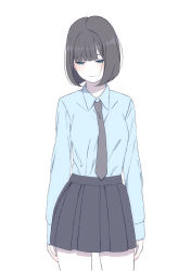 Rule 34 | 1girl, arms at sides, black hair, black necktie, black skirt, blue shirt, blunt bangs, blush, bob cut, closed mouth, collared shirt, colored skin, commentary request, cowboy shot, expressionless, half-closed eyes, highres, long sleeves, looking away, looking down, natuich, necktie, original, pleated skirt, shirt, short hair, simple background, skirt, solo, white background, white skin