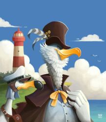 Rule 34 | 1boy, animal, bag, bird, black cape, black headwear, blue shirt, bow, cape, cloud, cloudy sky, day, from side, hat, hat feather, highres, lighthouse, morgans (one piece), news coo, one piece, outdoors, realistic, seagull, sen-di, shirt, signature, sky, top hat, yellow bow