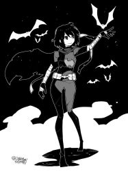Rule 34 | 1girl, animal, animal print, artist name, bandages, bandaged arm, bandages, bat (animal), bat print, bat wings, batgirl, batman (series), belt, belt pouch, black background, bodysuit, boots, breasts, cape, cassandra cain, closed mouth, dc comics, dowman sayman, female focus, full body, gloves, greyscale, monochrome, pocket, pouch, short hair, signature, simple background, smile, solo, stitches, superhero costume, walking, wings
