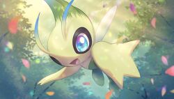 Rule 34 | :d, absurdres, antennae, artist name, blue eyes, blurry, blurry background, celebi, commentary request, creatures (company), day, full body, game freak, gen 2 pokemon, highres, legendary pokemon, light particles, light rays, looking at viewer, mythical pokemon, nintendo, no humans, nullma, open mouth, outdoors, petals, pokemon, pokemon (creature), signature, smile, sunlight, tongue, tree, wings