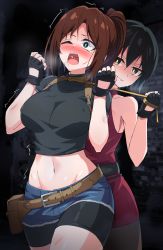 Rule 34 | 2girls, ada wong, asphyxiation, bare shoulders, belt, black gloves, black hair, black shirt, blue eyes, blush, breasts, brown belt, brown eyes, brown hair, claire redfield, commentary request, commission, cowboy shot, crop top, cutoffs, denim, denim shorts, fingerless gloves, gloves, grin, groin, hands up, highres, holiday (pangjelly), large breasts, medium hair, midriff, multiple girls, navel, nose blush, one eye closed, pixiv commission, ponytail, red shirt, resident evil, ryona, shirt, short shorts, short sleeves, shorts, sleeveless, sleeveless shirt, smile, standing, stomach, strangling, thighs