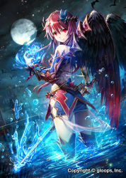 Rule 34 | 1girl, :p, bird, black wings, blue skirt, blue sleeves, clothing cutout, cloud, cloudy sky, detached sleeves, dutch angle, fang, fang out, feathered wings, floating hair, from behind, full moon, gabiran, hair between eyes, holding, holding sword, holding weapon, long hair, long sleeves, looking at viewer, magic, miniskirt, moon, multicolored wings, night, original, outdoors, pencil skirt, red eyes, red hair, red wings, side cutout, side slit, skirt, sky, smile, solo, sword, thighhighs, tongue, tongue out, wading, weapon, wings, zettai ryouiki