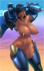Rule 34 | 1girl, absurdres, alternate breast size, areola slip, arm behind back, armor, armored boots, armpits, arms up, artist name, bare shoulders, bikini, black hair, blue gloves, blue sky, boots, braid, breasts, brown eyes, brown lips, cleavage, closed mouth, collarbone, covered erect nipples, cowboy shot, curvy, dark-skinned female, dark skin, day, desert, eye of horus, eyes visible through hair, facial mark, facial tattoo, fingernails, gauntlets, gloves, groin, hair tubes, hand up, highres, huge breasts, jetpack, large areolae, legs apart, lips, lipstick, long fingernails, looking at viewer, makeup, micro bikini, missile, navel, nose, outdoors, overwatch, overwatch 1, pauldrons, pharah (overwatch), raidou zero, raidouzero, revealing clothes, shading eyes, short hair, shoulder armor, shoulder pads, side braids, sky, slingshot swimsuit, solo, stomach, string bikini, swept bangs, swimsuit, tattoo, thigh boots, thighhighs, thighs, thrusters, toned, wide hips, yellow bikini