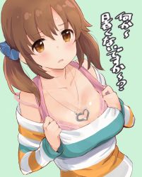 Rule 34 | 10s, 1girl, blouse, blush, bra, breasts, brown eyes, brown hair, cleavage, clothes pull, dutch angle, green background, hair ornament, hair scrunchie, heart, heart necklace, idolmaster, idolmaster cinderella girls, jewelry, large breasts, long sleeves, necklace, open mouth, pink bra, scrunchie, shirt, simple background, solo, strap slip, striped clothes, striped shirt, sweat, tetsujin momoko, totoki airi, twintails, underwear