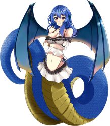 Rule 34 | 1girl, animal ears, artist request, bare shoulders, blue hair, blue scales, blue wings, blush, breasts, cleavage, full body, gina (monster musume), hair between eyes, lamia, large breasts, long hair, looking at viewer, midriff, monster girl, monster musume no iru nichijou, monster musume no iru nichijou online, navel, official art, pink eyes, pointy ears, skirt, smile, solo, transparent background, white skirt, wings