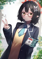 Rule 34 | 1girl, absurdres, arm at side, armband, ayane (blue archive), black hair, black jacket, blue archive, blue necktie, blush, breasts, closed mouth, collared shirt, e buki, flower, glasses, hair flower, hair ornament, halo, hand up, headpiece, highres, id card, jacket, long sleeves, microphone, necktie, open clothes, open jacket, outdoors, pointy ears, shirt, sidelocks, small breasts, smile, sweater, sweater vest, upper body, v, white shirt, yellow eyes, yellow sweater