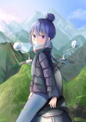 Rule 34 | 1girl, absurdres, blue hair, blue nails, blue sky, blush, closed mouth, coat, denim, expressionless, feet out of frame, hair bun, highres, jeans, long sleeves, looking at viewer, motor vehicle, mountainous horizon, multicolored nails, nail polish, pants, purple eyes, purple nails, sakuramx, scarf, scooter, shima rin, short hair, sidelocks, single hair bun, sky, solo, striped clothes, striped scarf, sun, winter clothes, winter coat, yurucamp